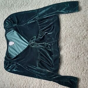 Maeve Green Velvet Peplum Long Sleeve Womens Small Holiday Top